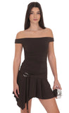 Embellished Off Shoulder Flare Dress in Brown