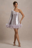 Free Soul Lilac Sequin One Shoulder Feather Trim Mini Dress