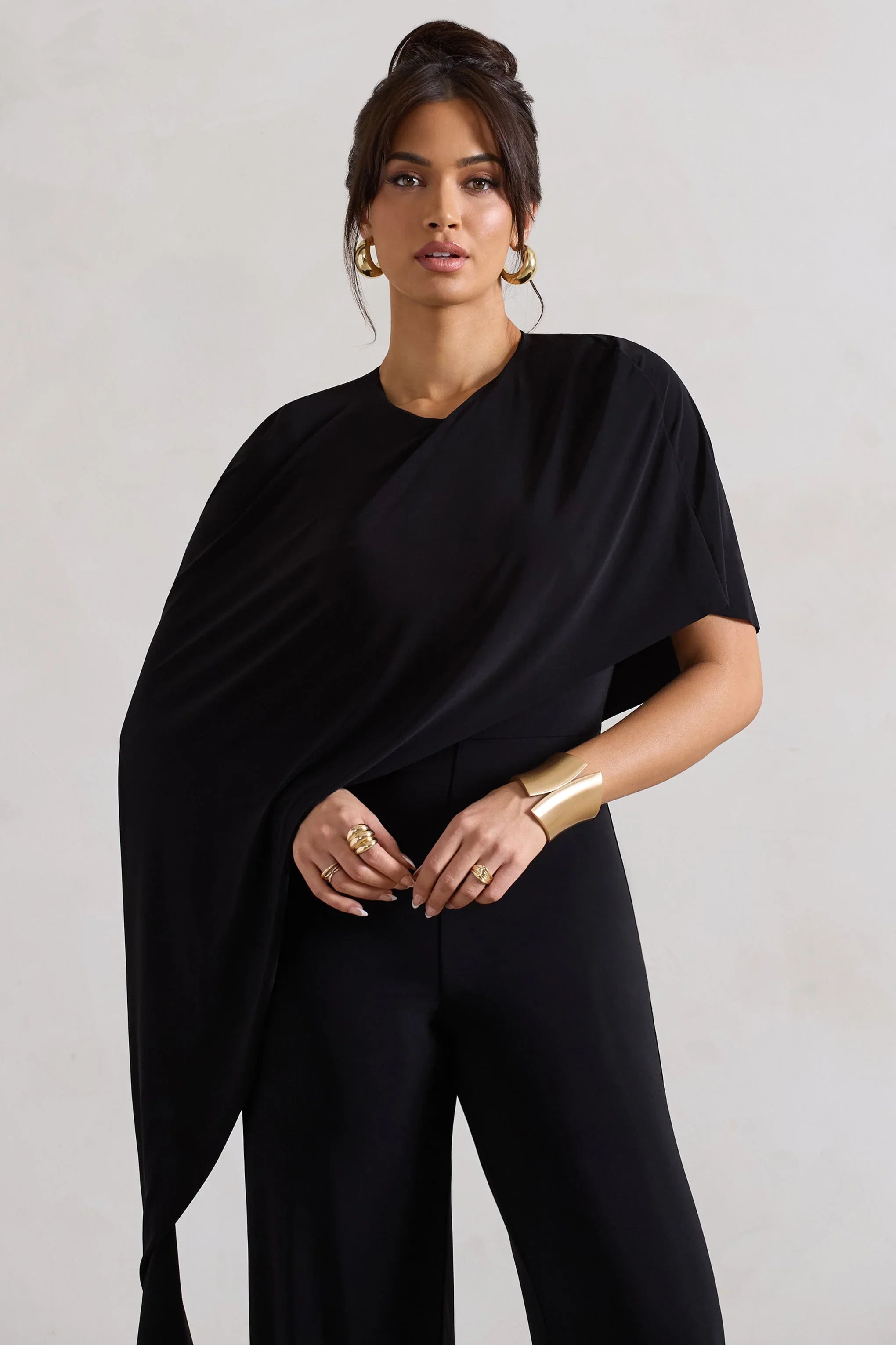 Reserve Black Wide Leg Jumpsuit With Asymmetric Cape