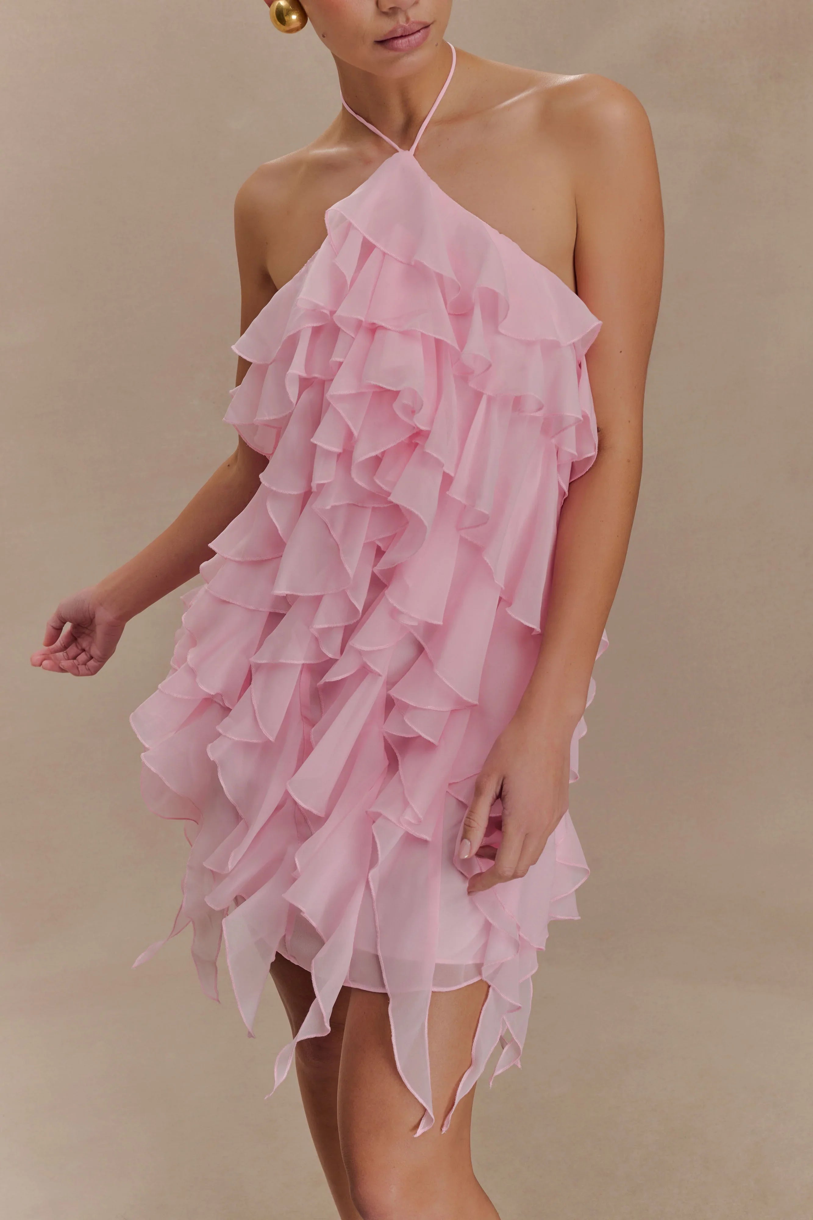Marigold Ruffle Halter Mini Dress Powder Pink
