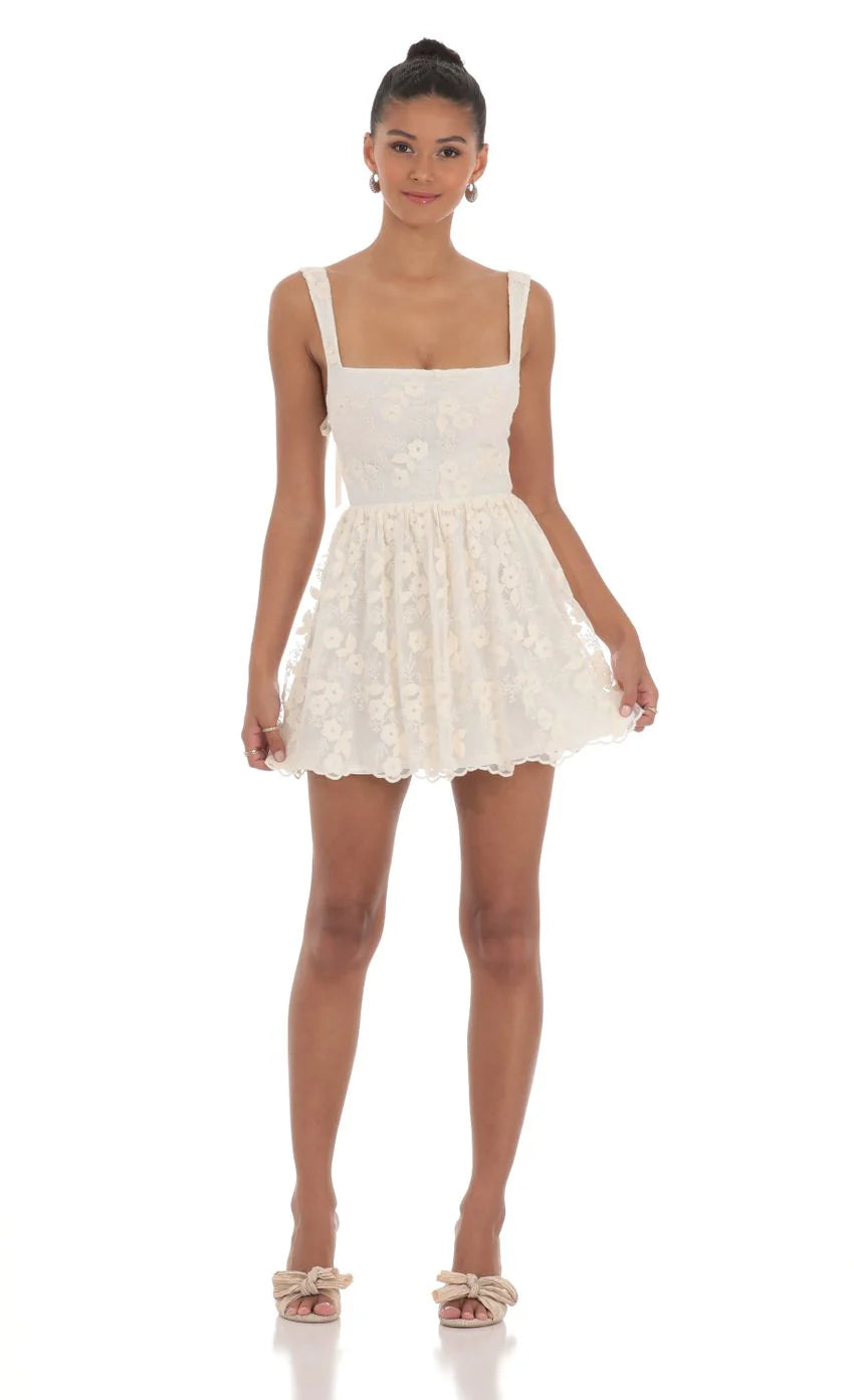 Floral Mesh Lace A line Dress in Cream