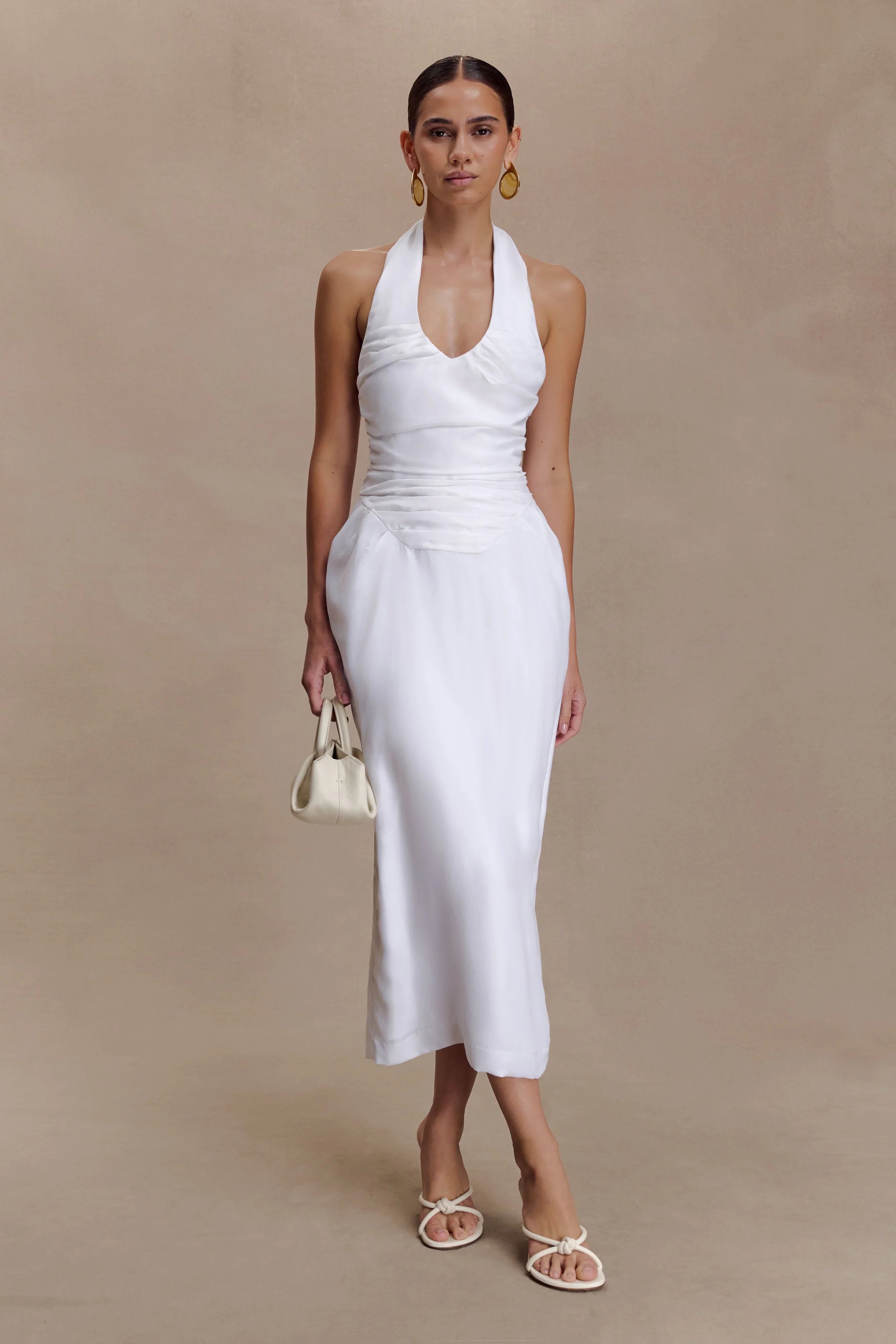 Daniela Ruched Halter Midi Dress White