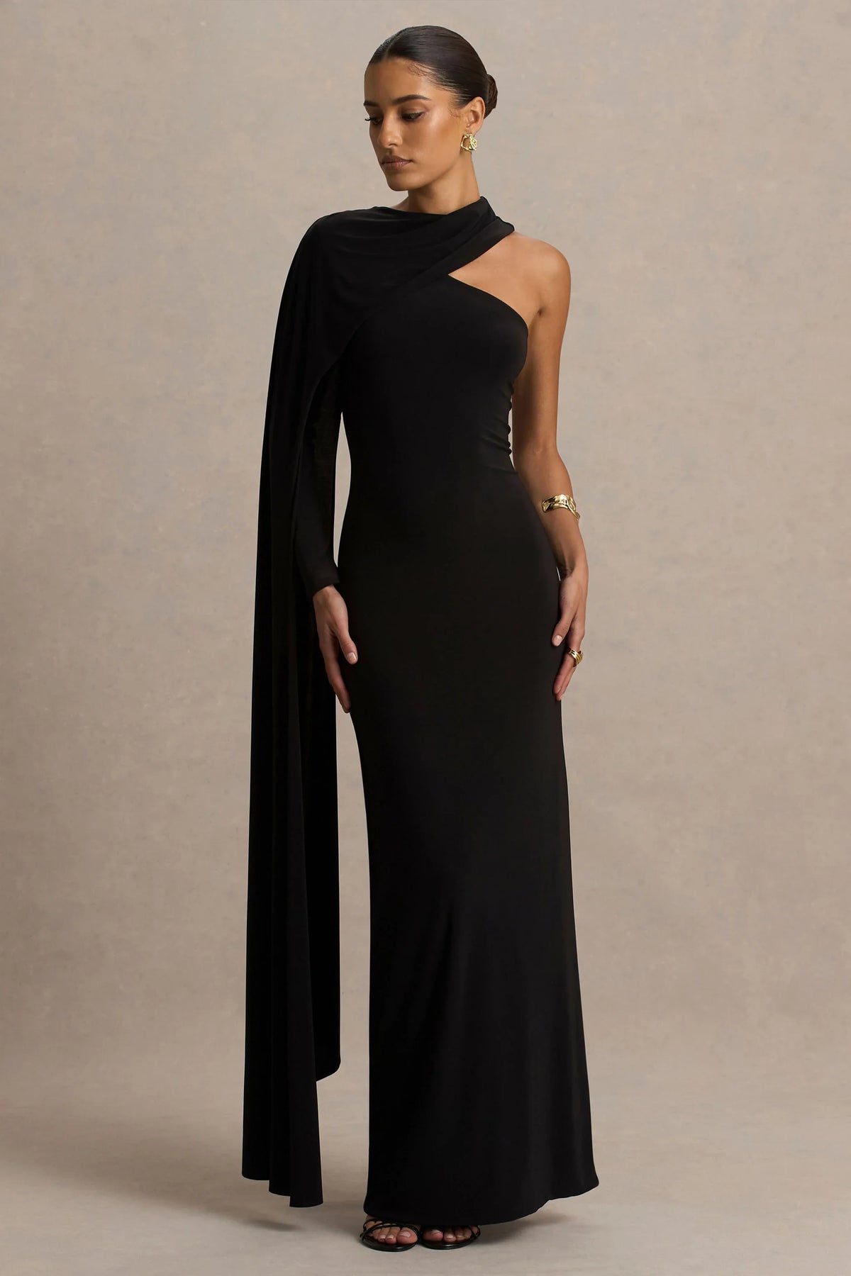 Dawn Black High Neck Maxi Dress With One Long Cape Sleeve
