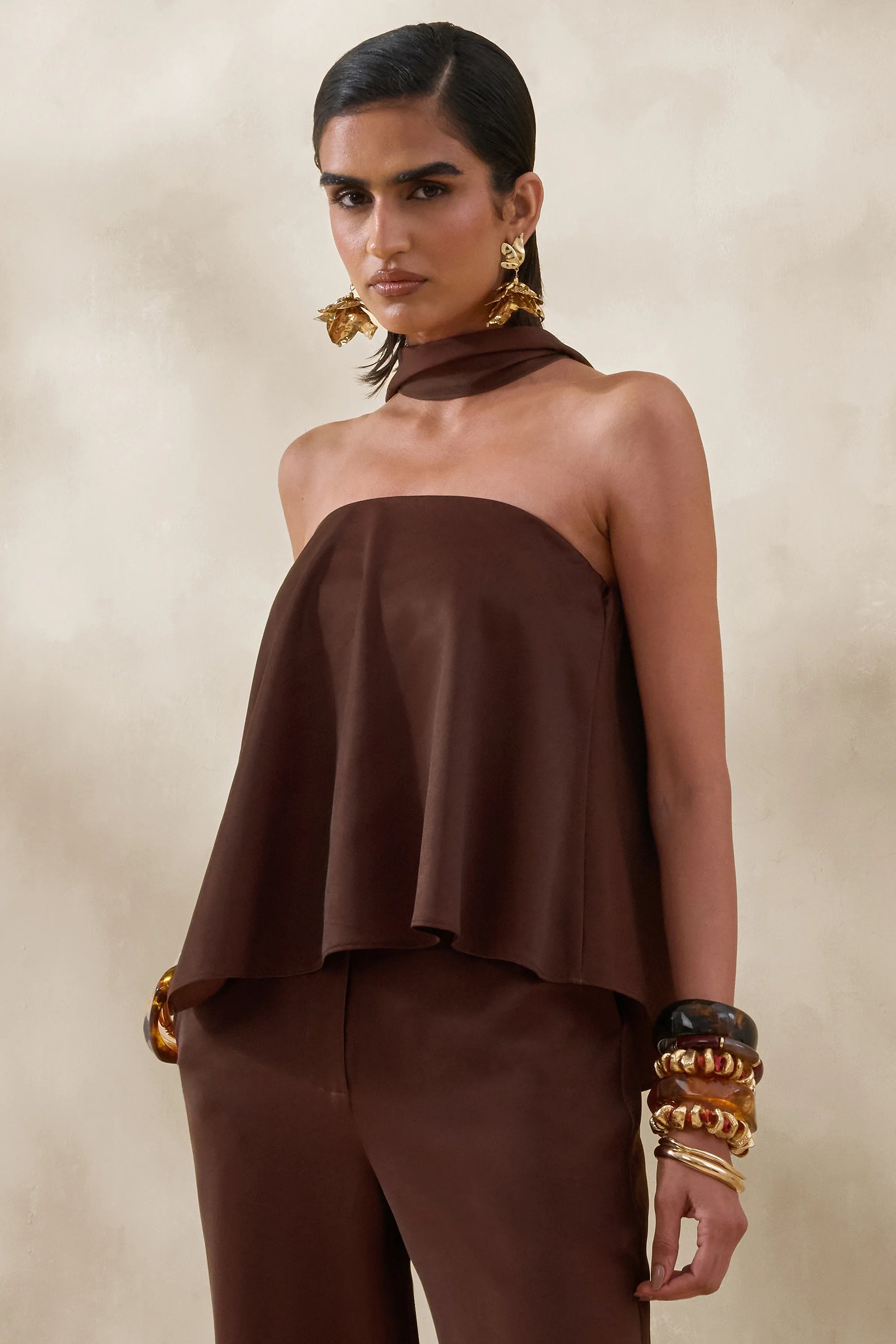 Evandra Brown Satin Bandeau Top With Scarf