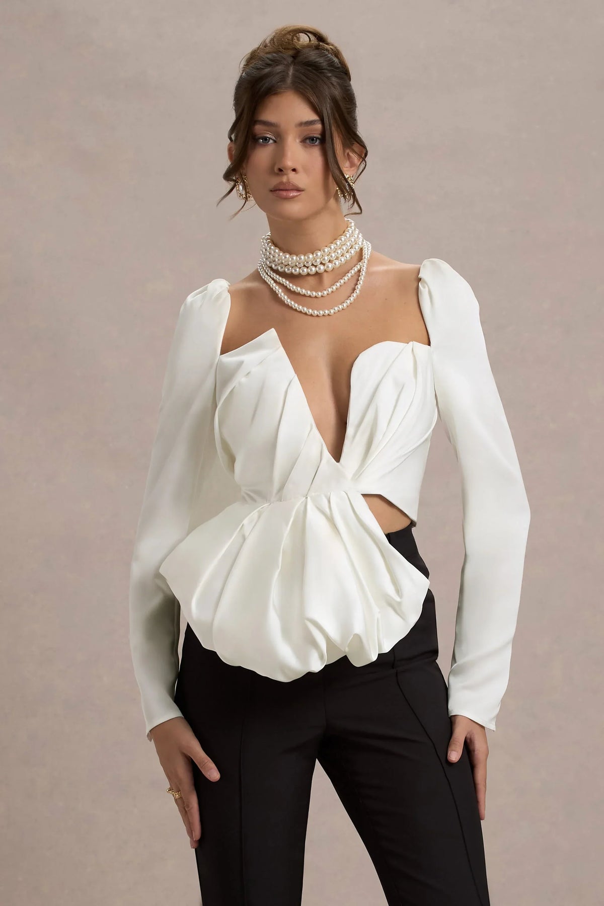 Bensley Ecru Satin Asymmetric Plunge Neck Top With Ruffle