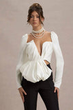 Bensley Ecru Satin Asymmetric Plunge Neck Top With Ruffle