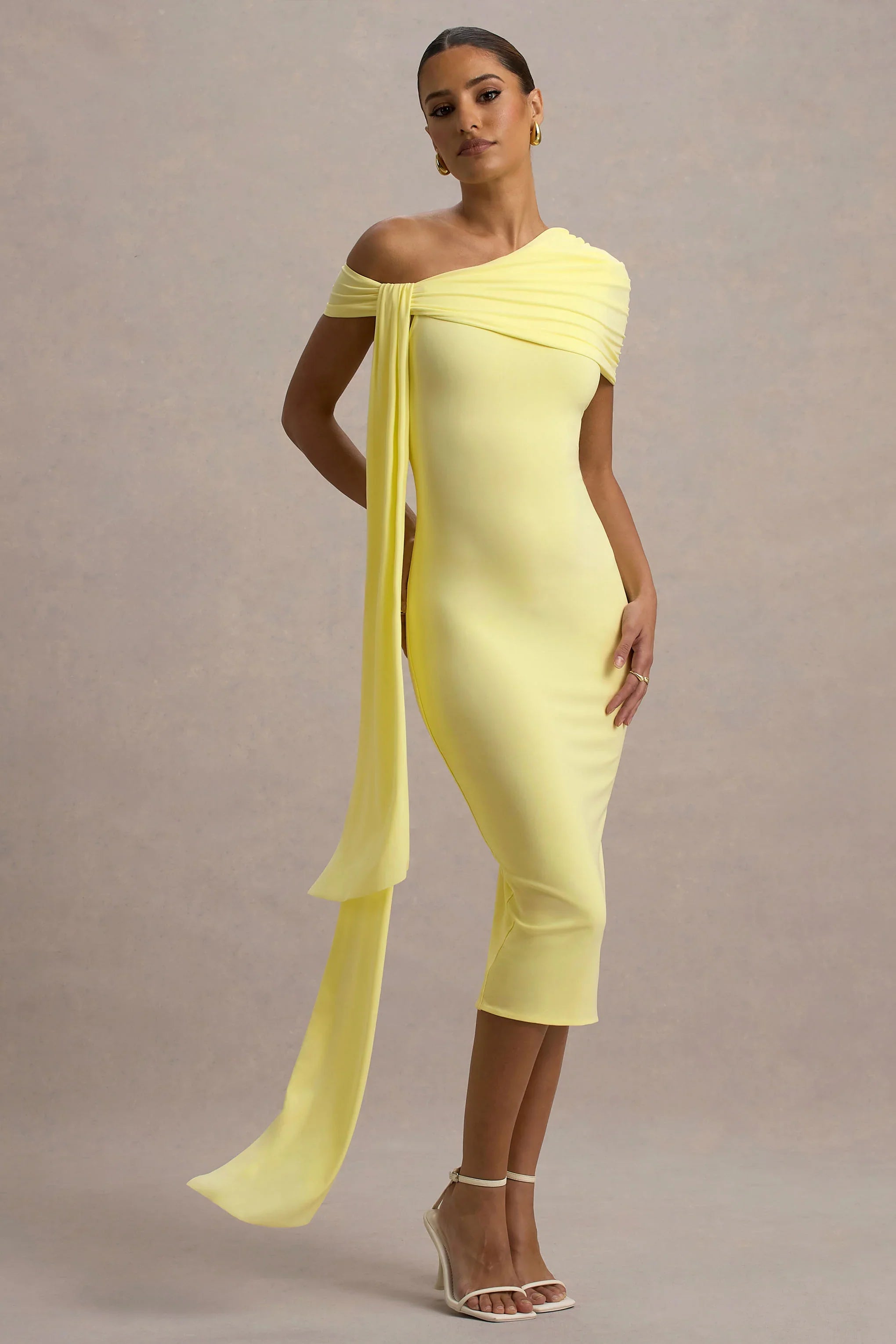 Vallea Lemon One Shoulder Draped Midi Dress