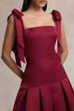 Alberta Burgundy Satin Square Neck Midi Dress With Bow Straps
