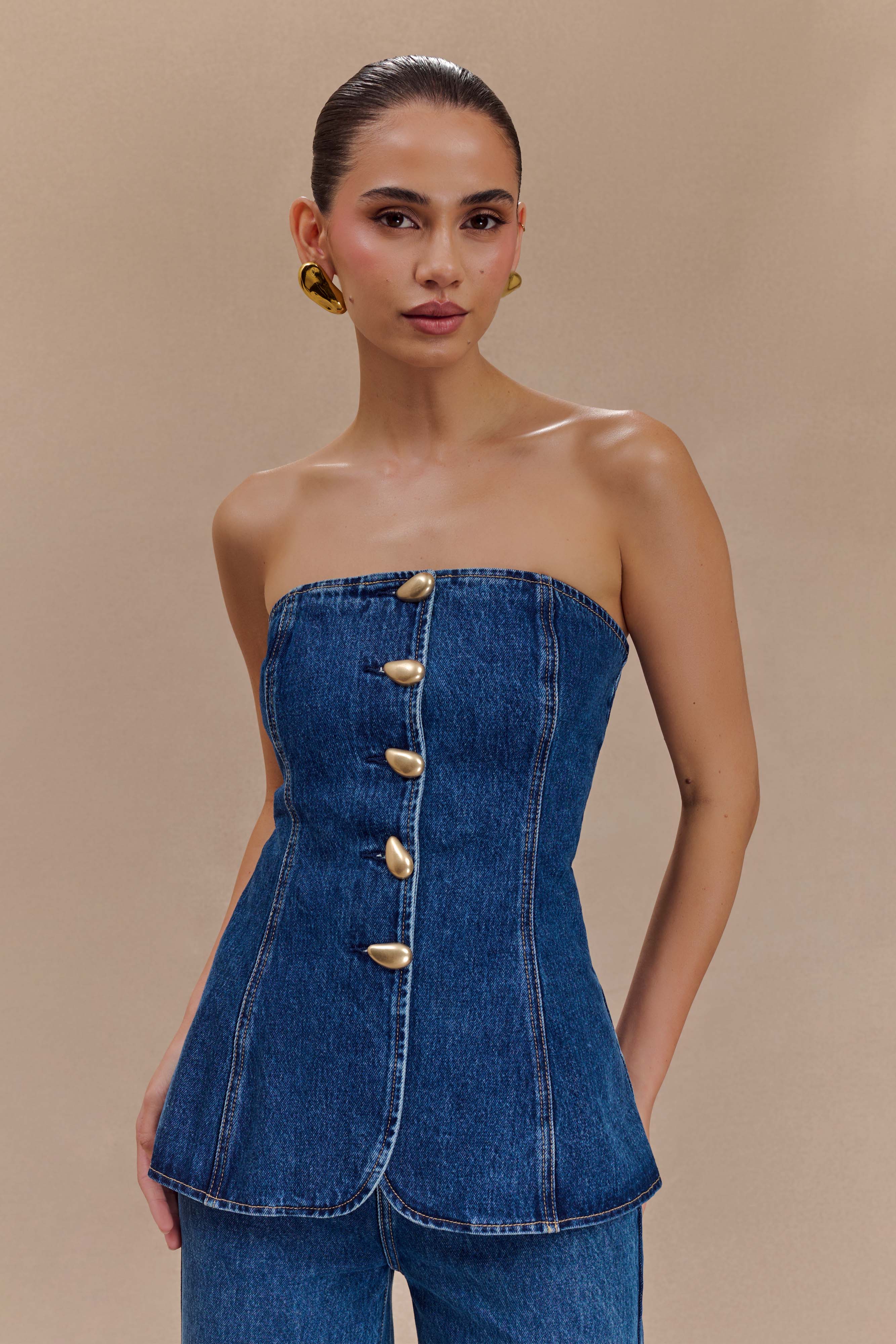 Lennox Strapless Long Line Button Top Dark Blue