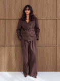 Chocolate Herringbone Tie Belt Wide Leg Trousers