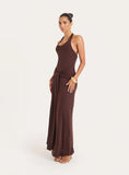 Chocolate Halterneck Belt Detail Maxi Dress