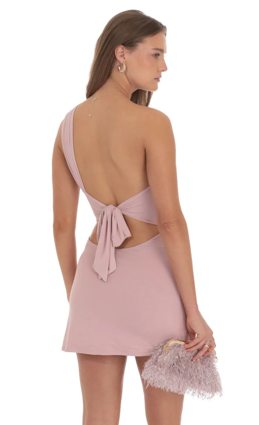 Ruched One Shoulder Mini Dress in Rose Pink