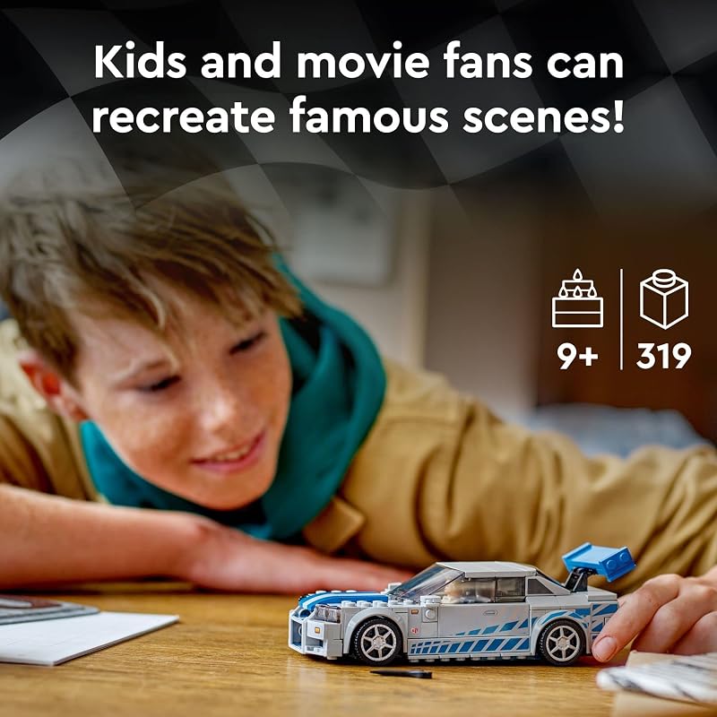 LEGO Speed Champions 2 Fast 2 Furious Nissan Skyline GT R R34 Race Car Toy Model Building Kit Collectible with Racer Minifigure 2023 Set for Kids Boys and Girls Ages 9 and Up 76917