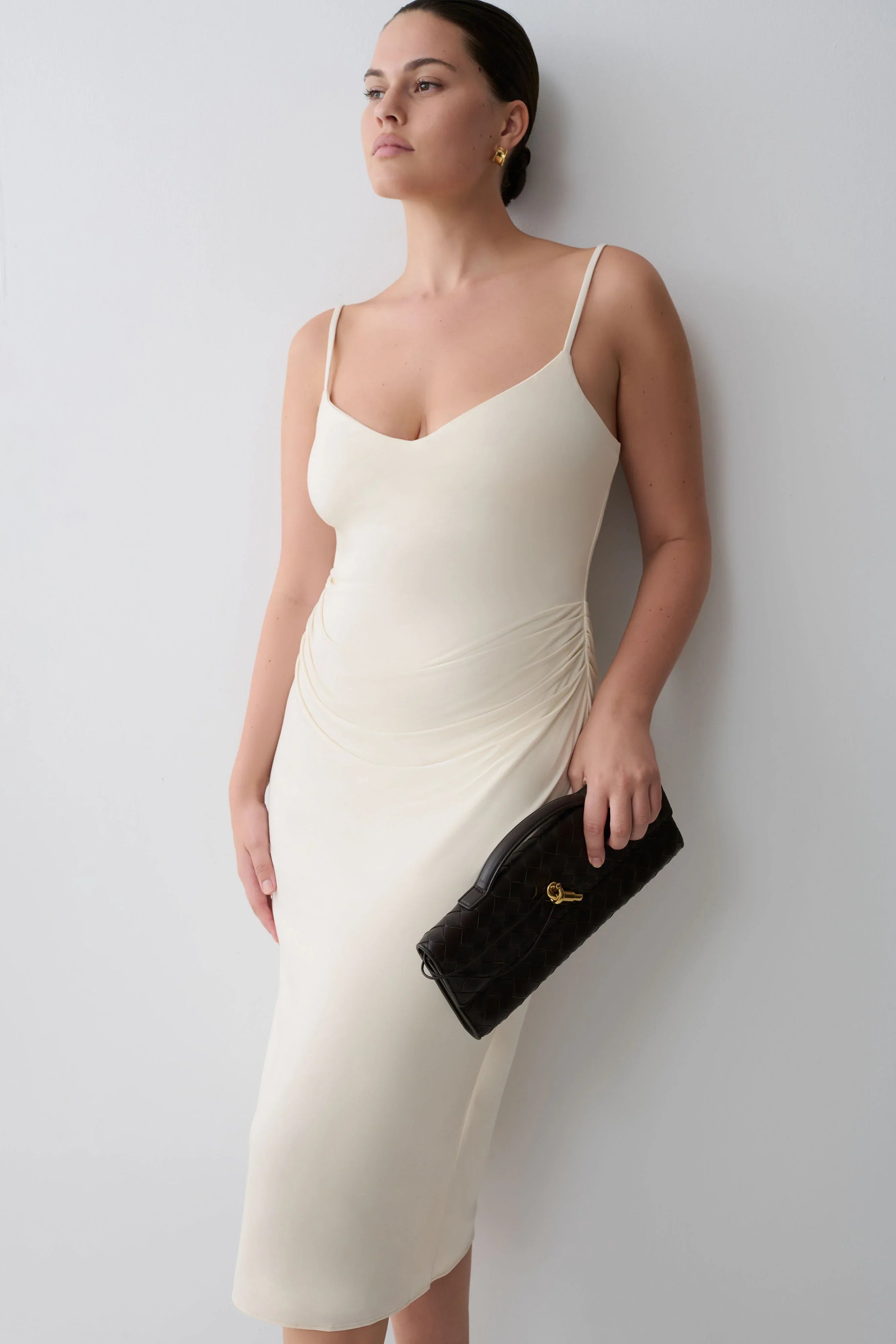 Vina Gathered Jersey Midi Dress Ivory