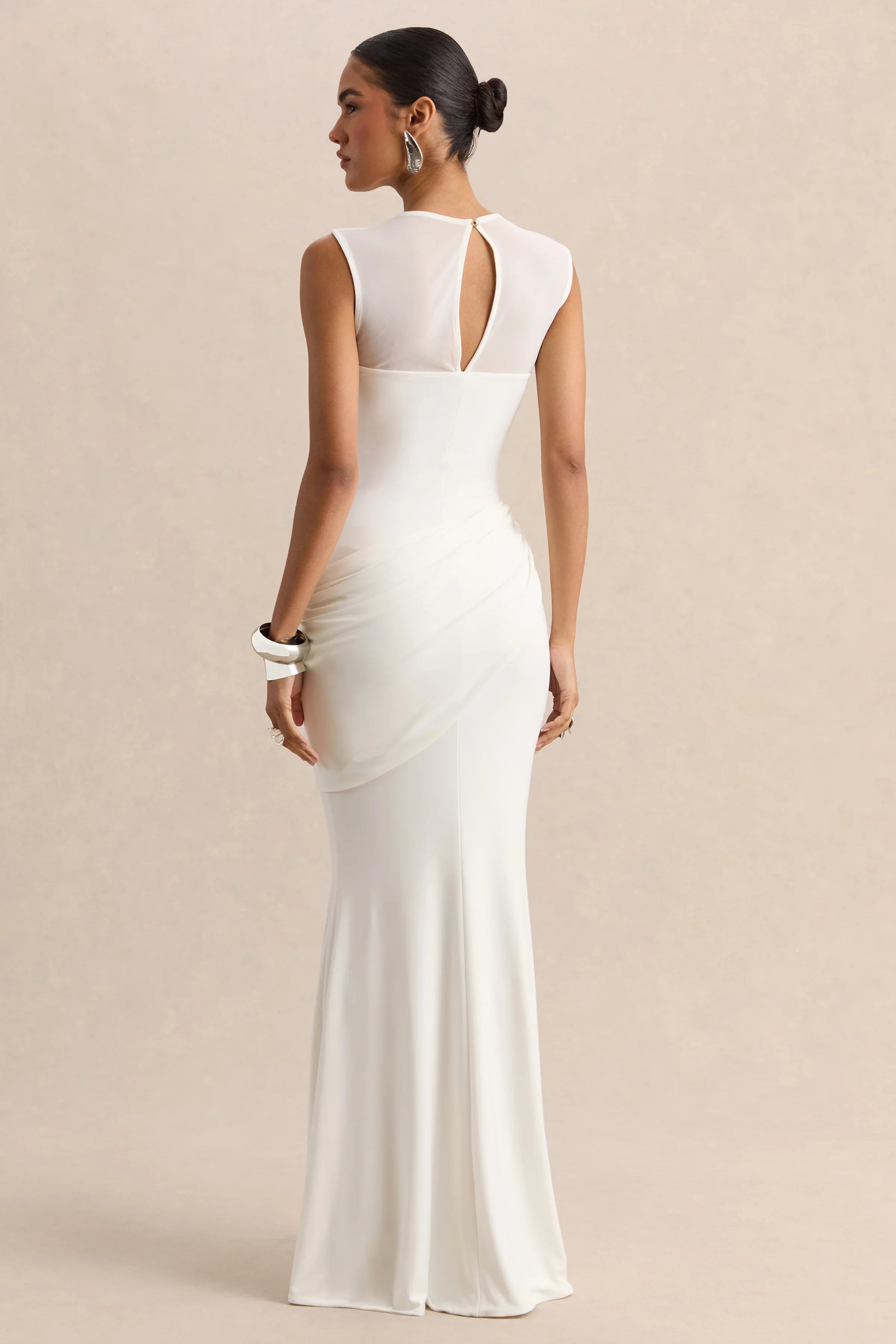 Lyssy White High Neck Maxi Dress With Mesh Detail