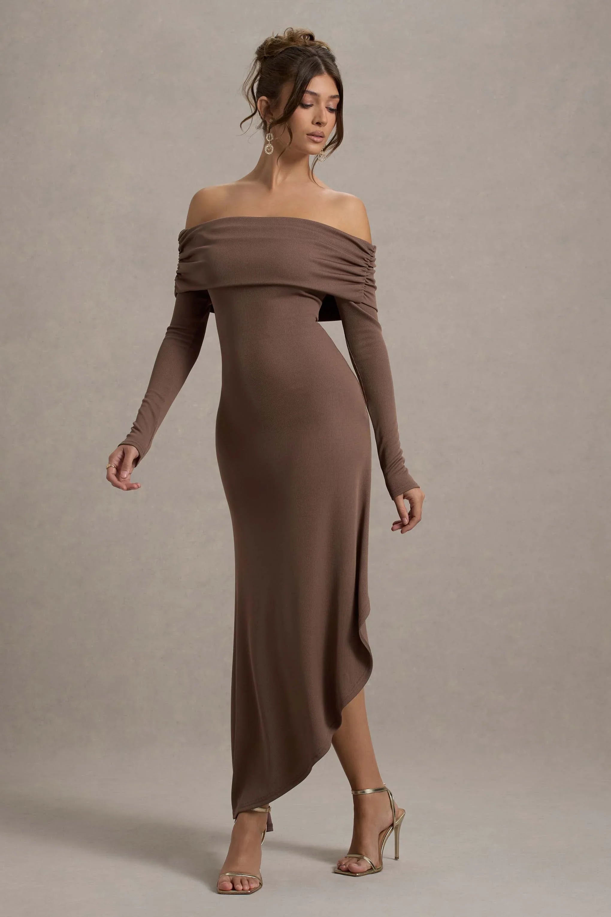 Romina Mocha Rib Knit Bardot Maxi Dress With Asymmetric Hem