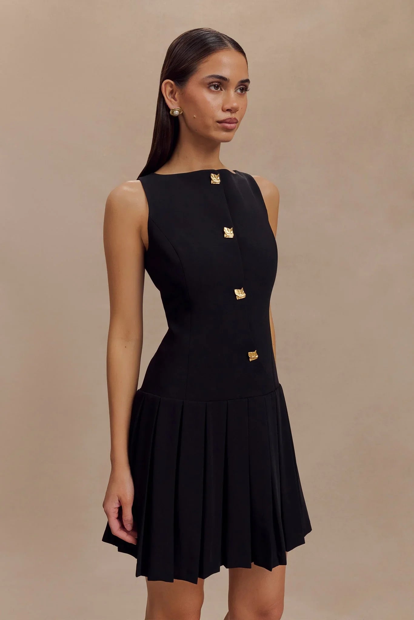 Mackenzie Sleeveless Pleated Mini Dress Black