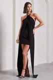 Enigmatic Black Halter Neck Draped Mini Dress With Floral Corsage