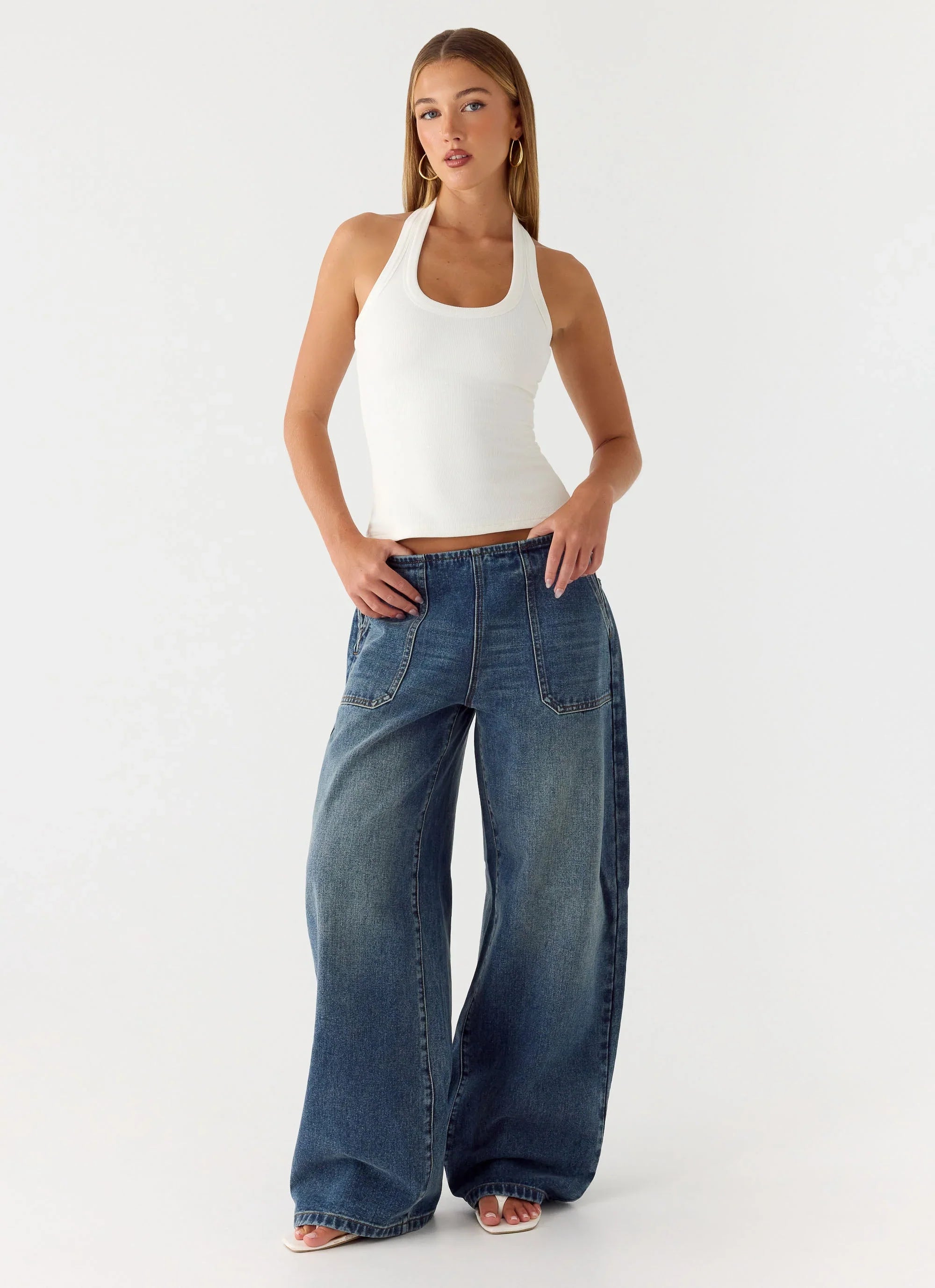 Seethal Low Rise Washed Denim Jeans Mid Wash Blue