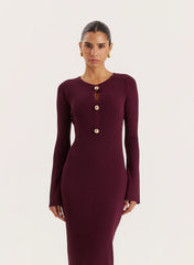 Plum Cut Out Flare Sleeved Knitted Maxi Dress