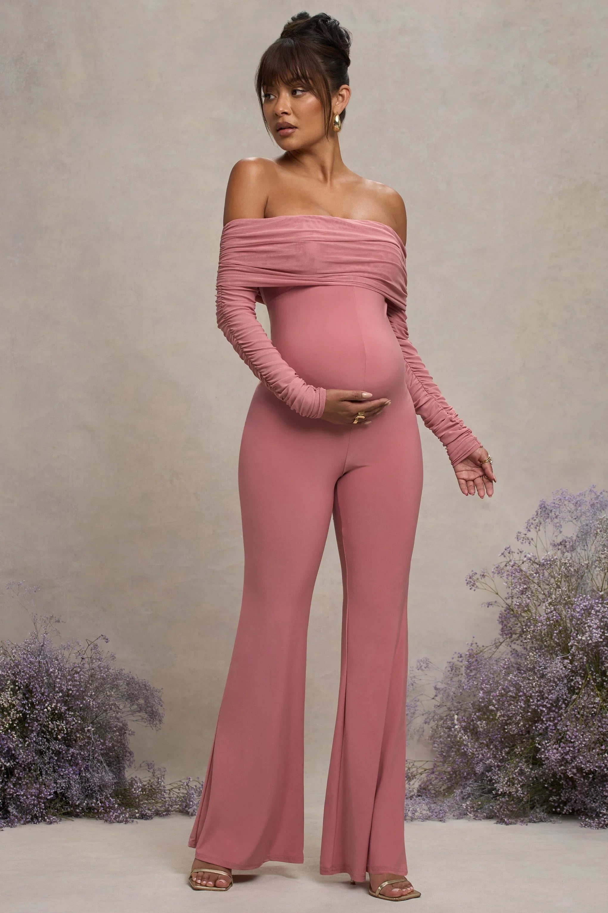 Count Down Blush Pink Maternity Ruched Mesh Bardot Jumpsuit