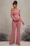 Count Down Blush Pink Maternity Ruched Mesh Bardot Jumpsuit