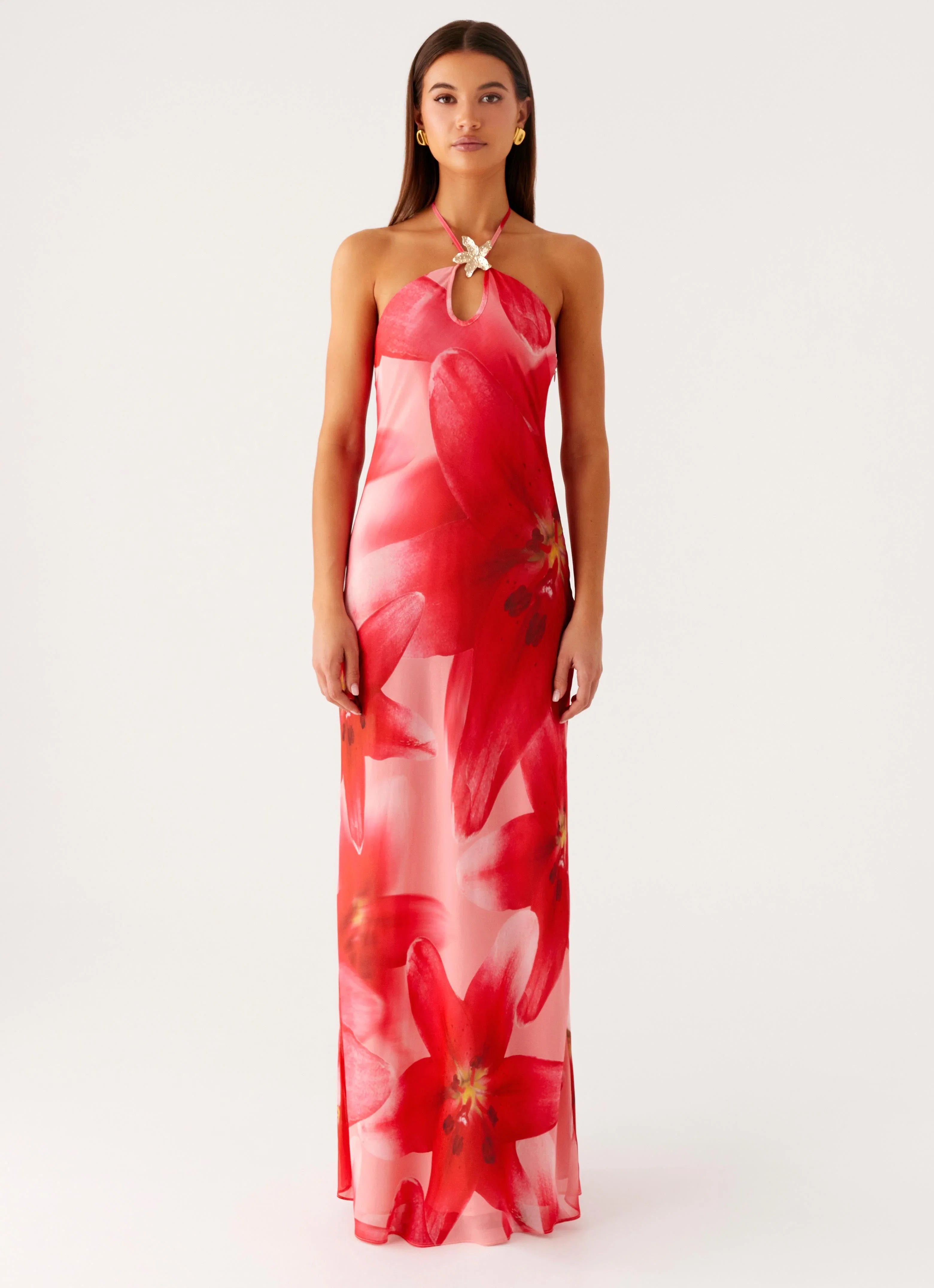 Vatiana Chiffon Maxi Dress Peach Watermelon Flower