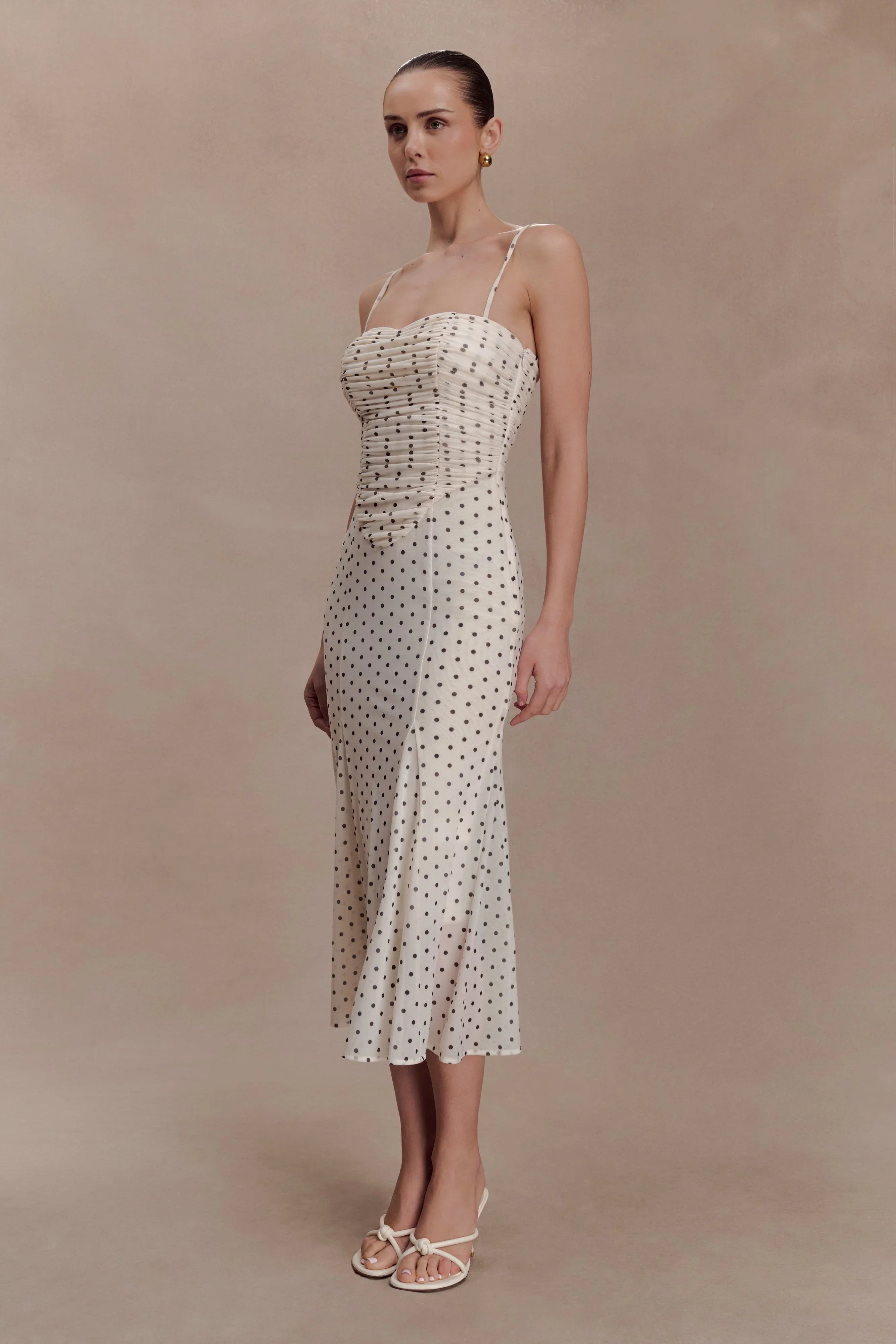 Willa Gathered Mesh Midi Dress Polka Dot