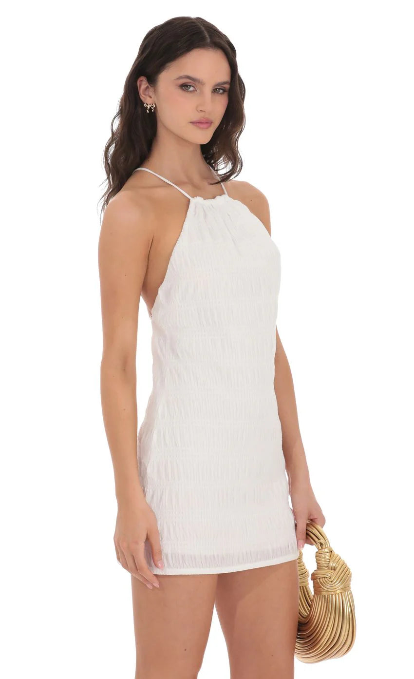 Textured High Neck Dress in White
