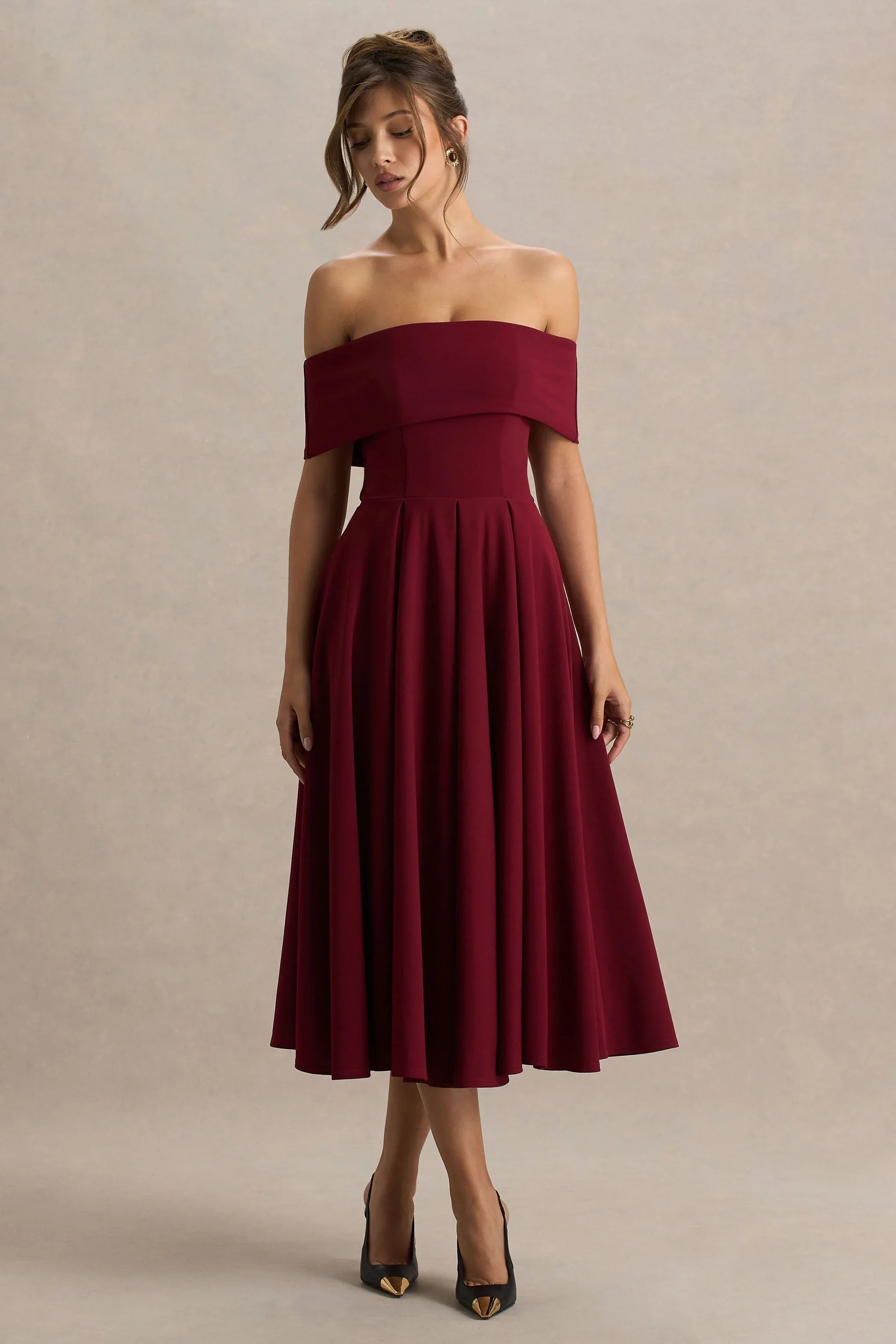 Isabella Burgundy Bardot Neck Midi Dress