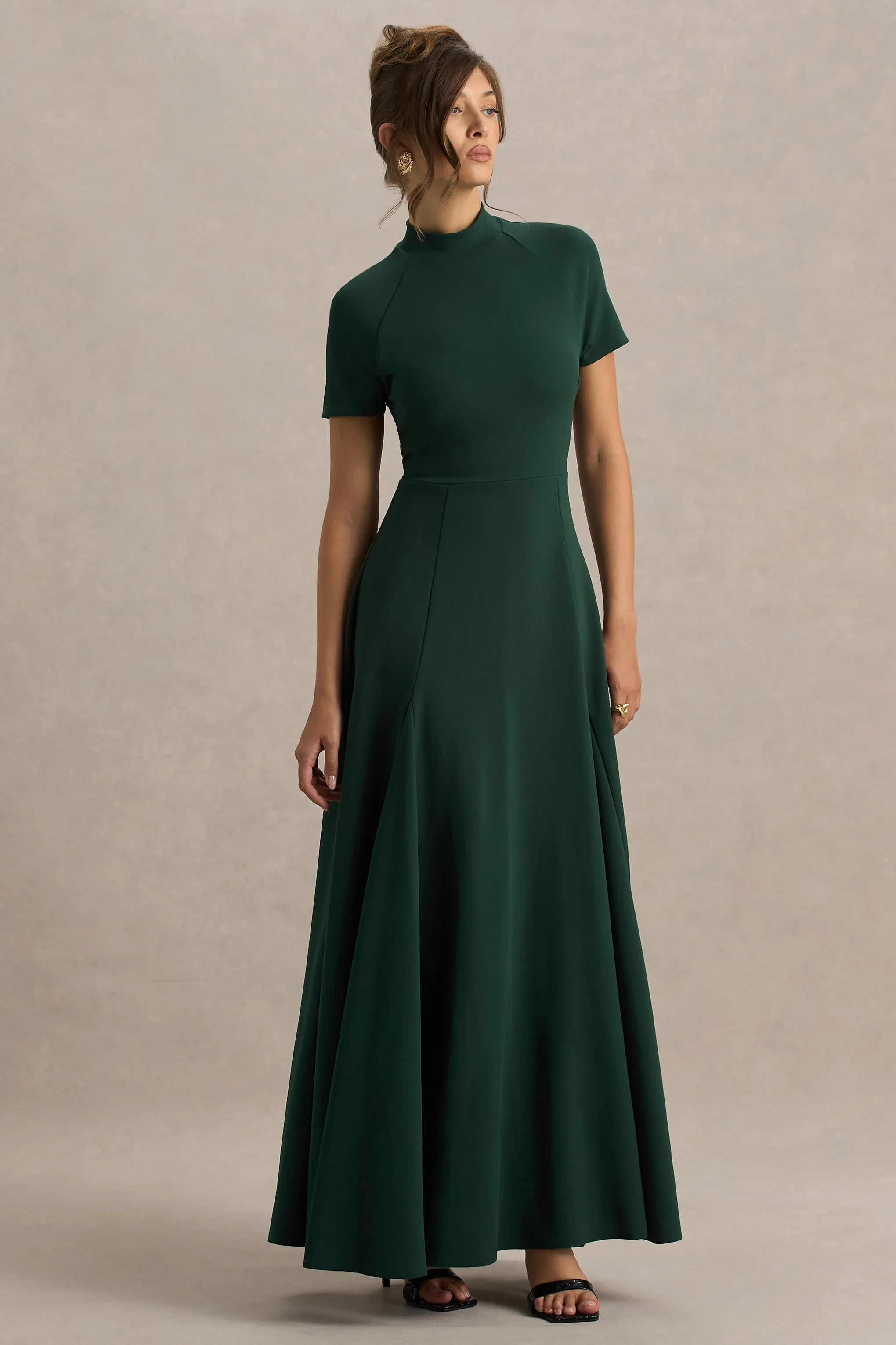 Alea Dark Green High Neck Short Sleeve Maxi Dress