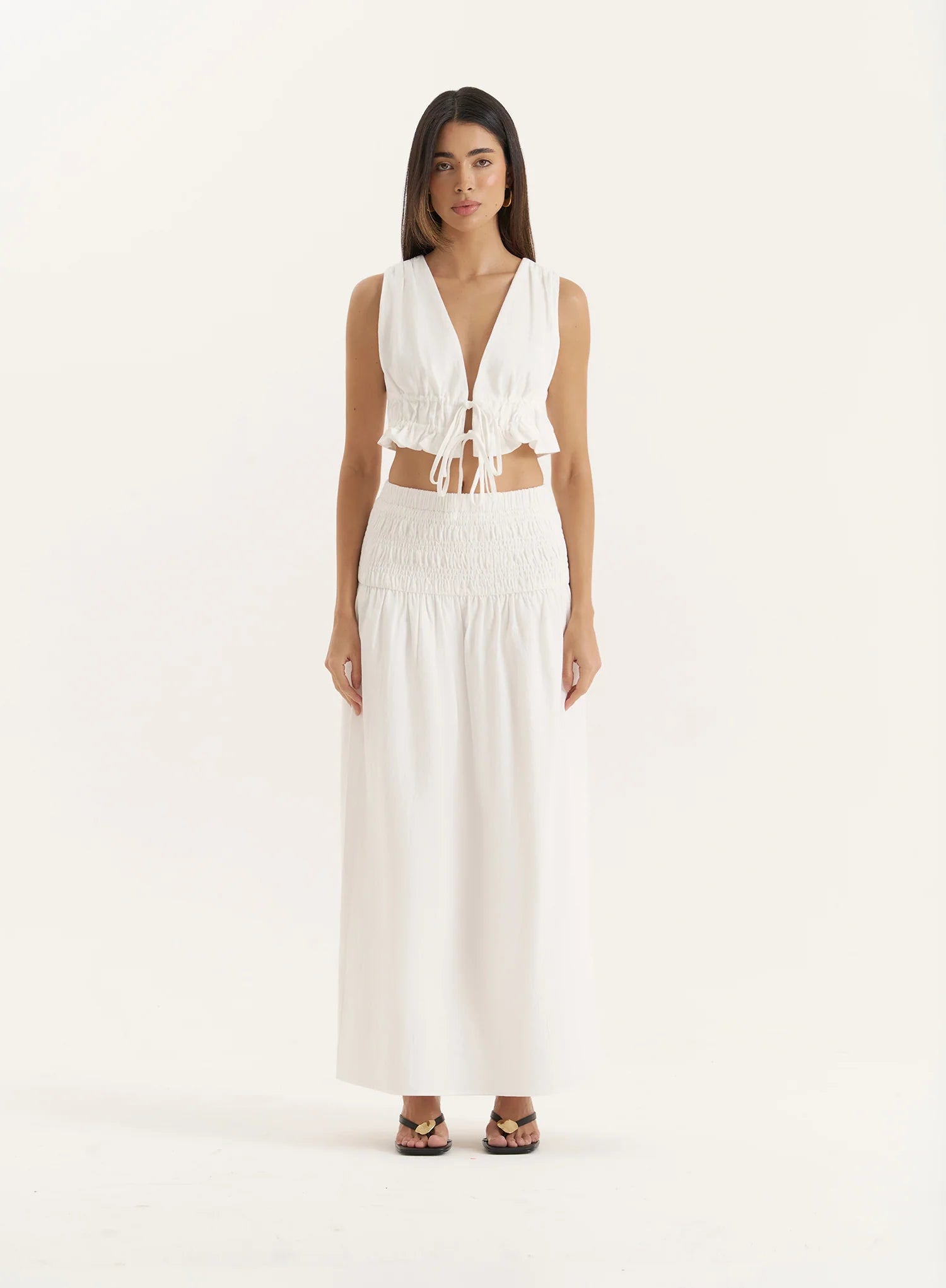 White Drop Waist Shirred Maxi Skirt