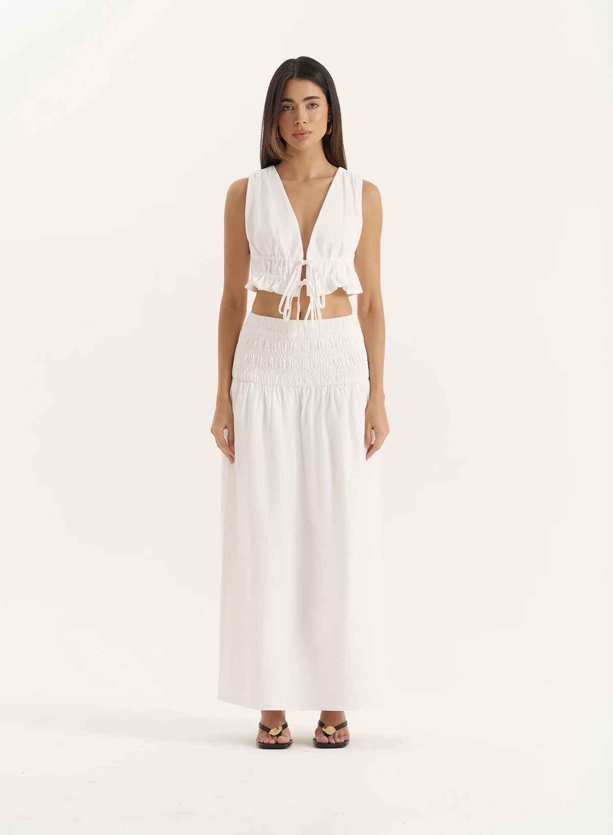 White Drop Waist Shirred Maxi Skirt