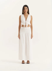 White Drop Waist Shirred Maxi Skirt