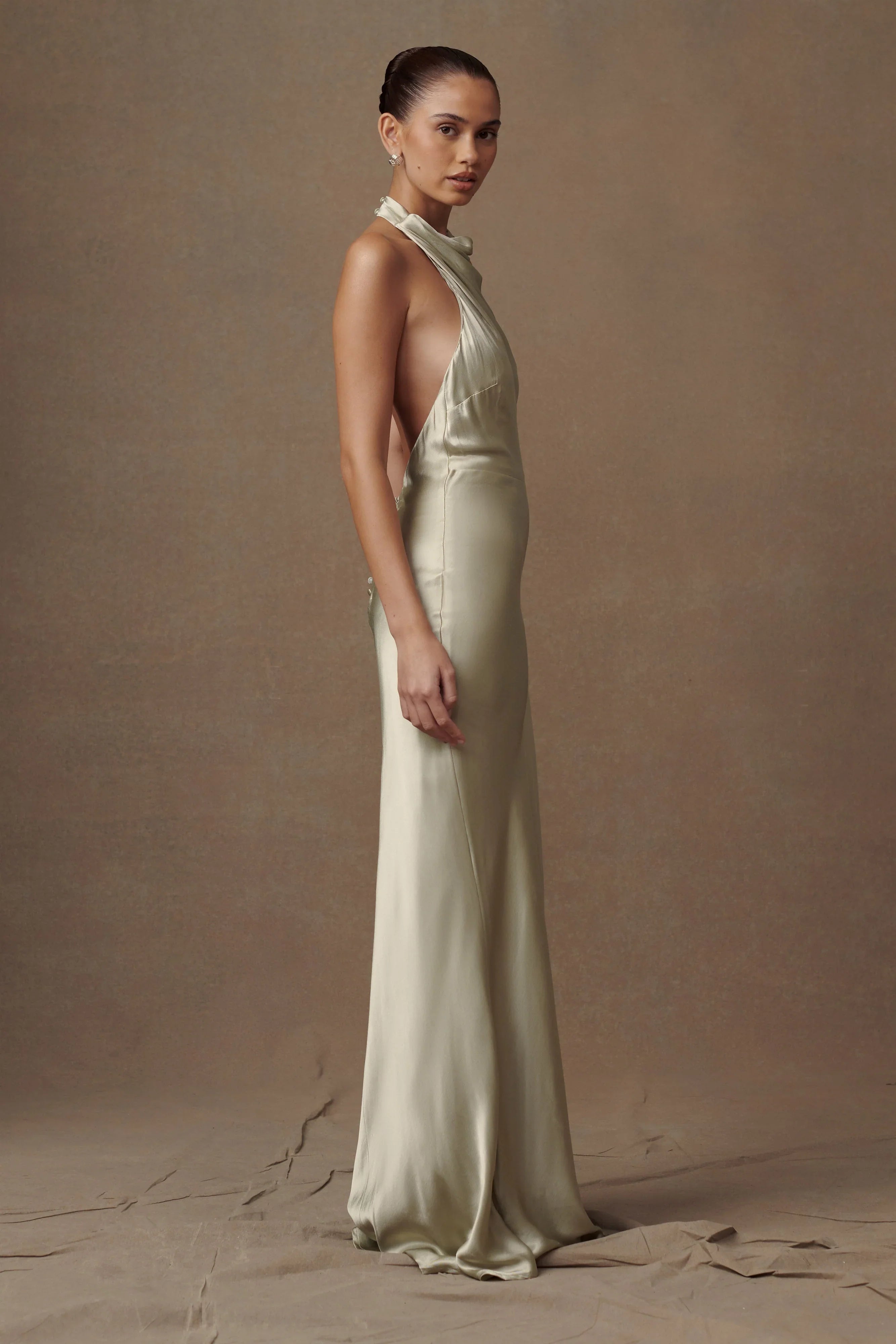 Esther Iridescent Satin Cowl Maxi Dress Sage