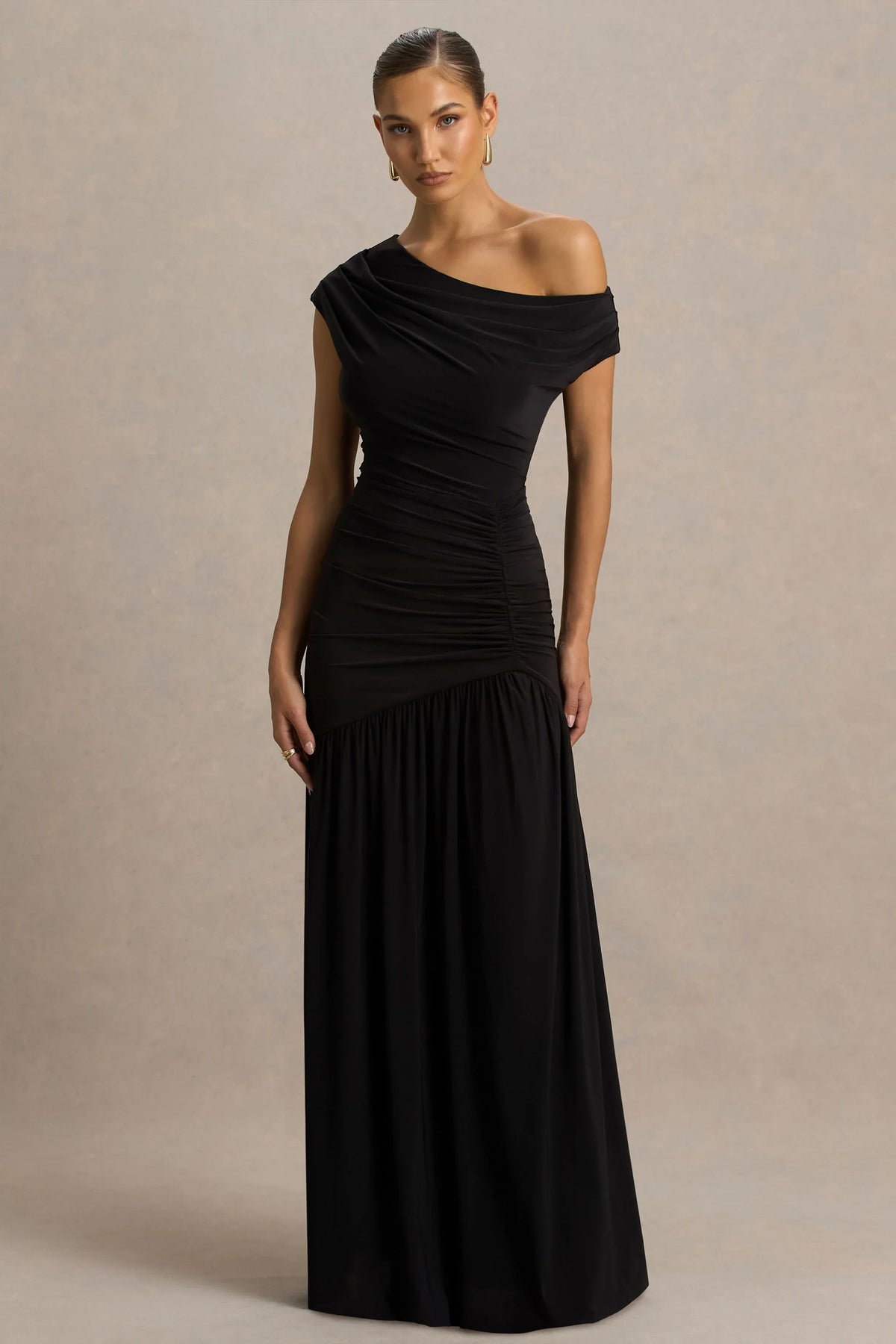 Kady Black Asymmetric Neck Maxi Dress With Ruched Detailing and Front High Split