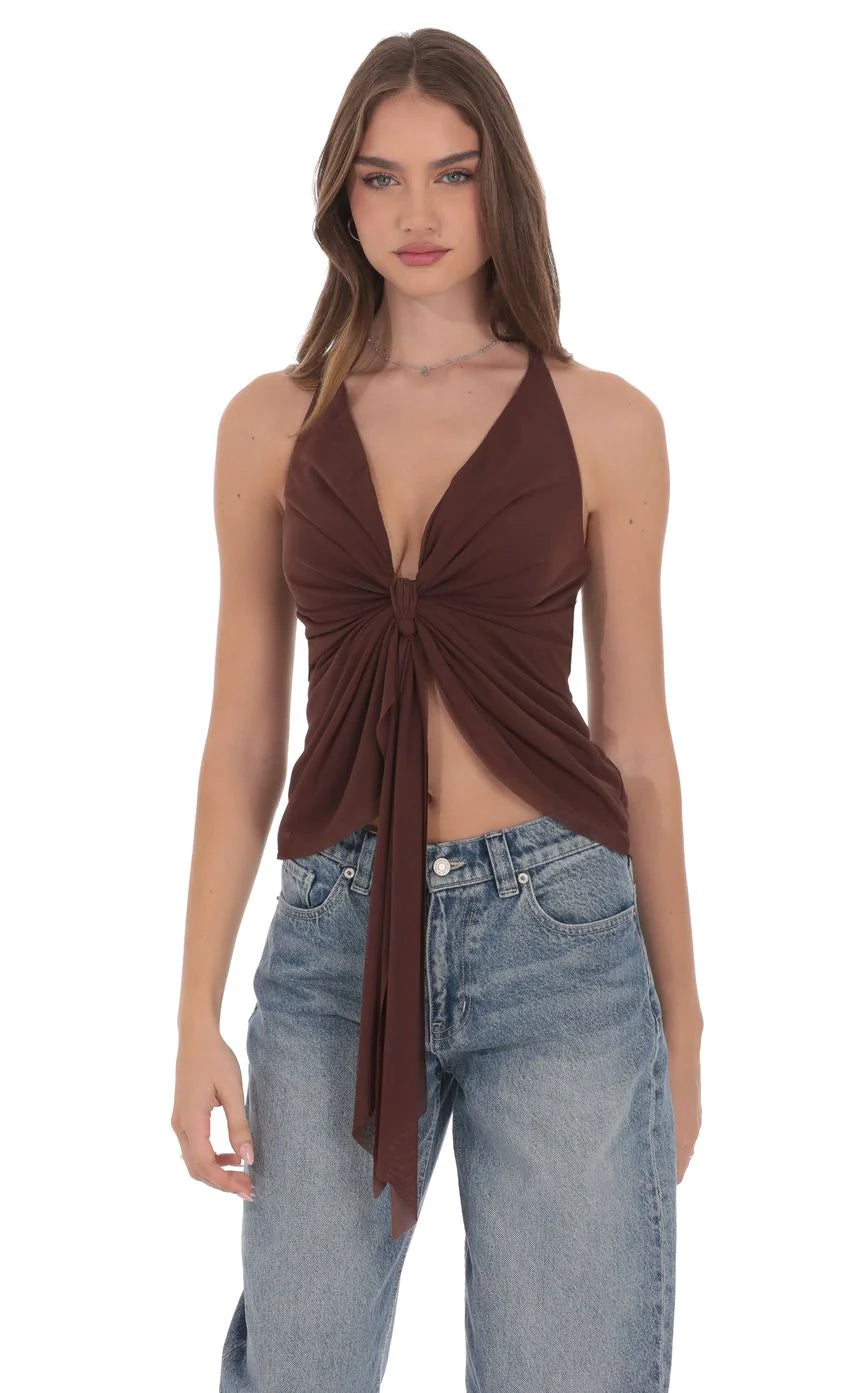 Mesh Plunge Two Piece Tie Top in Brown