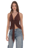 Mesh Plunge Two Piece Tie Top in Brown