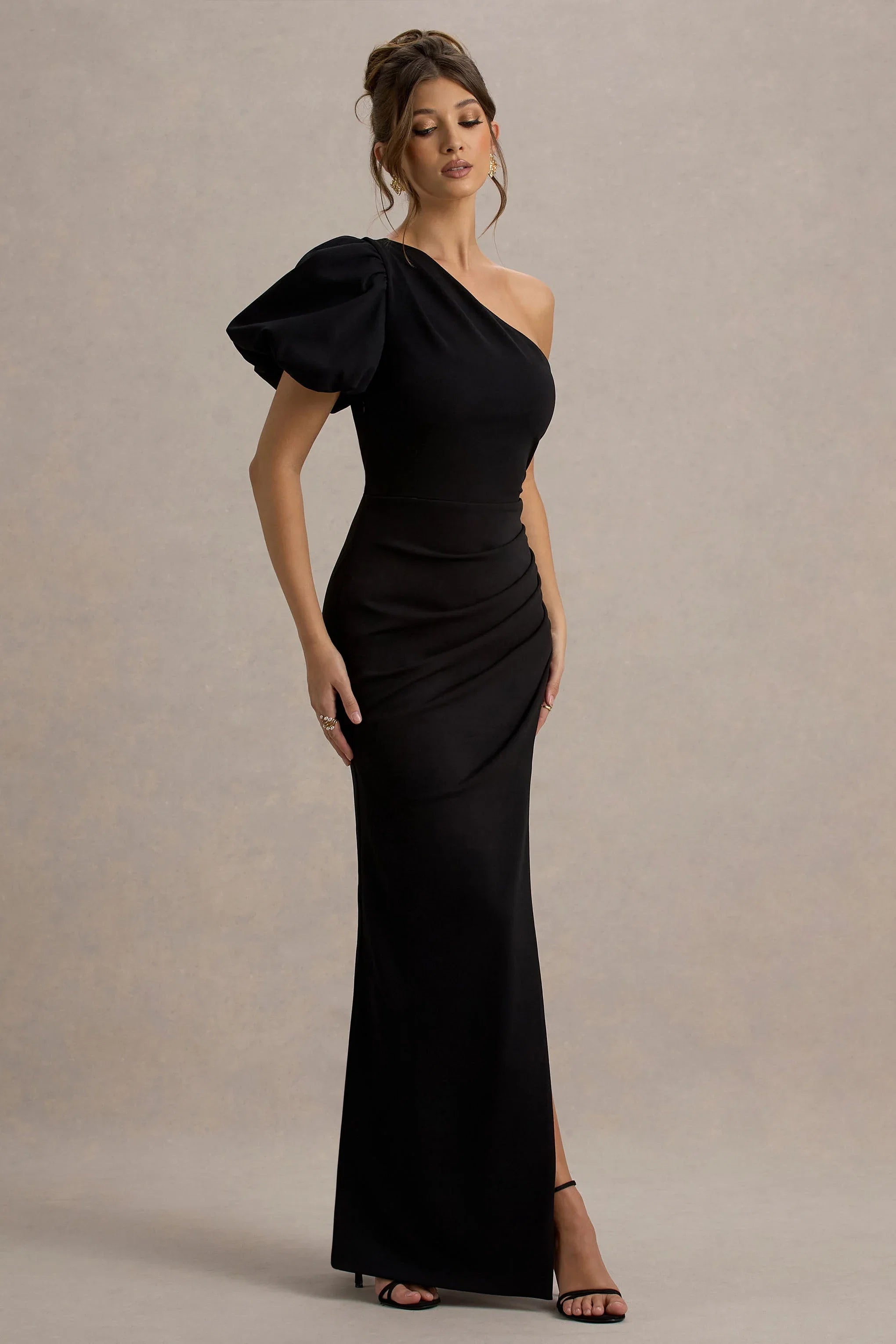Vittoria Black Asymmetric Puff Sleeve Split Maxi Dress