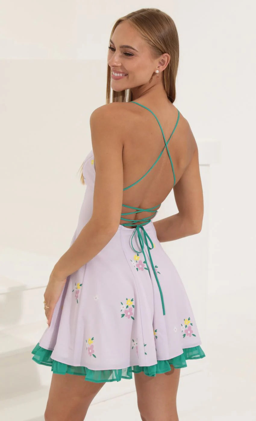 Floral Crepe Flare Dress in Purple