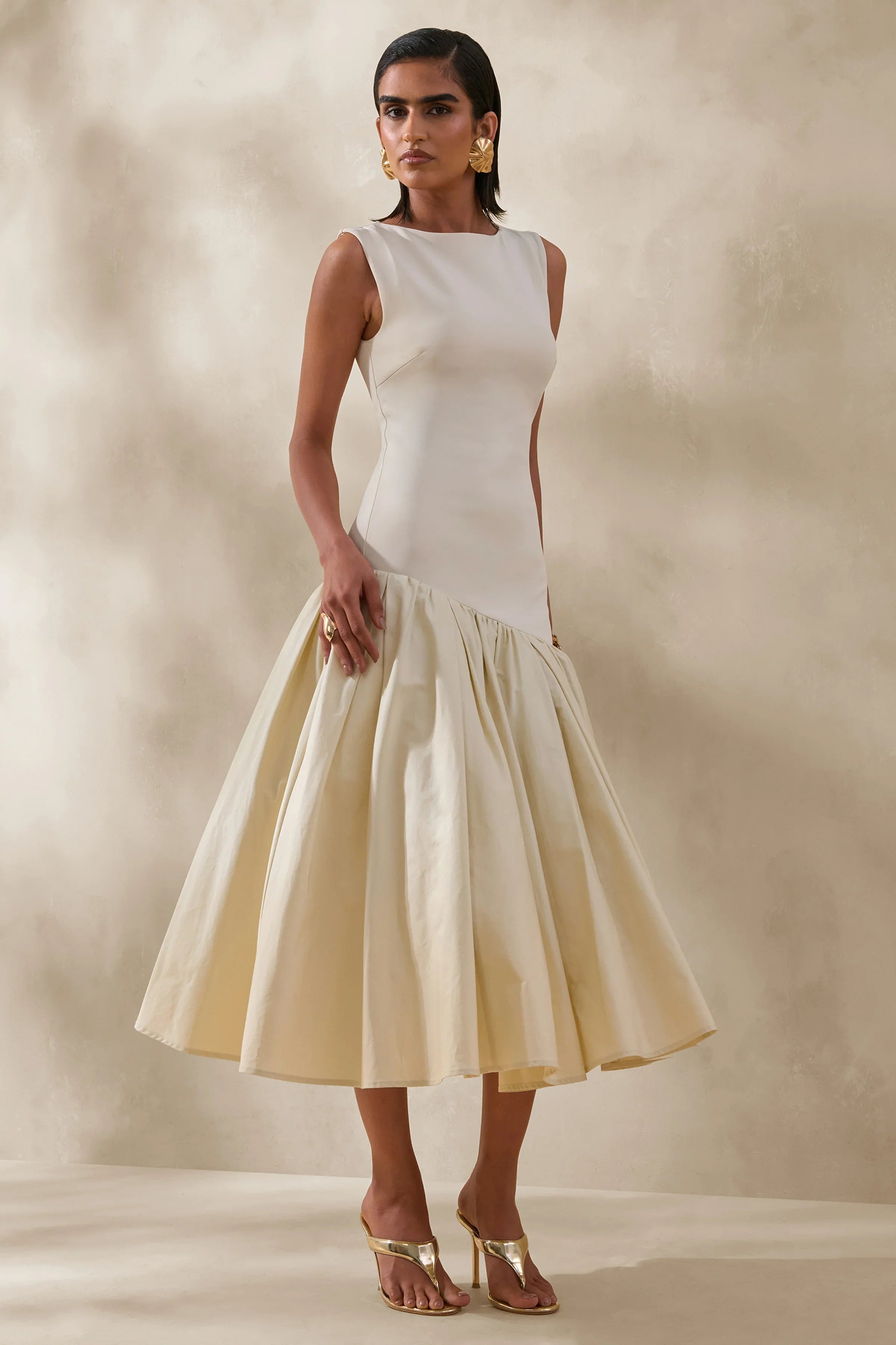 Fantasia Cream Boat Neck Midi Dress With Asymmetric Drop Waist