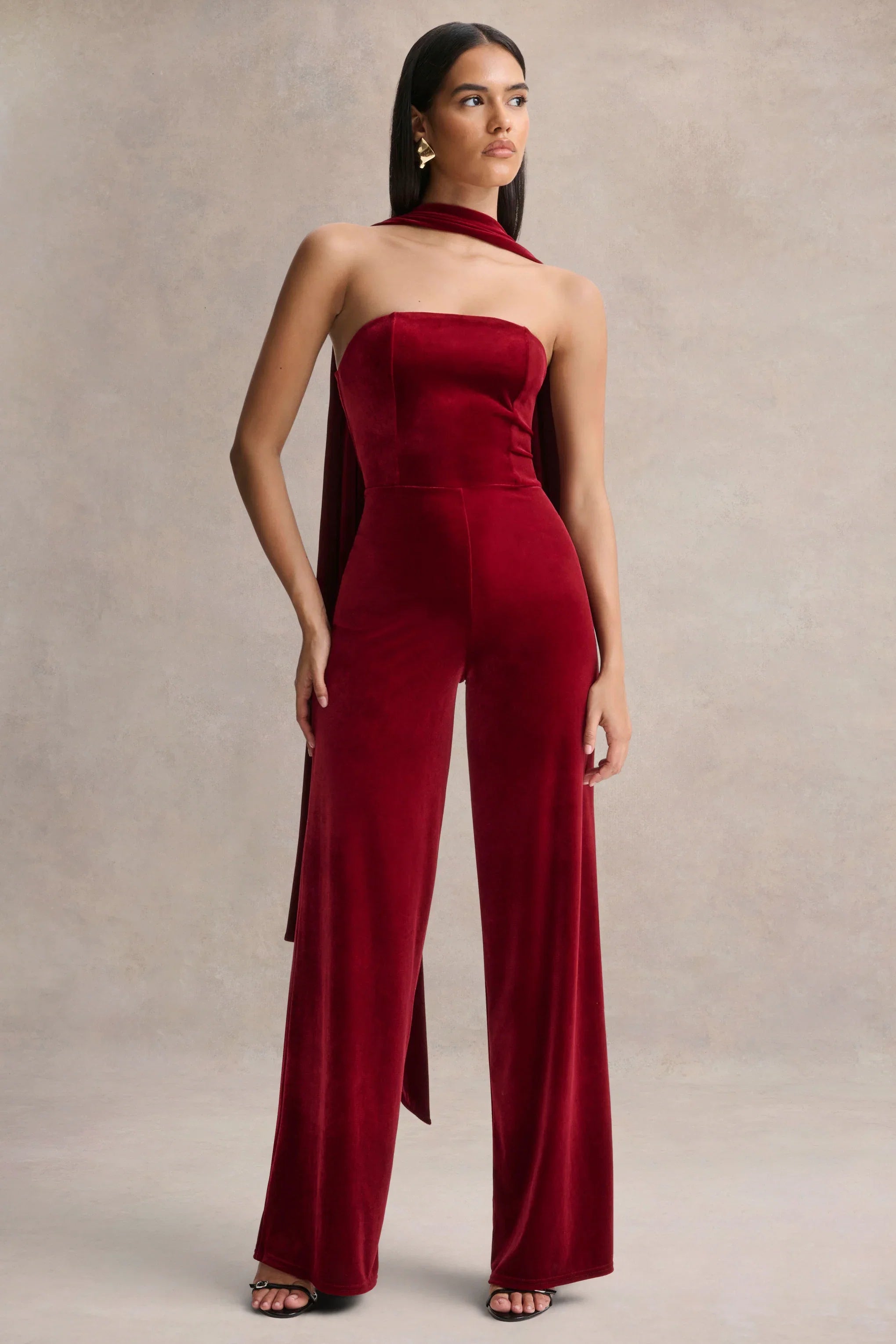 Arcane Burgundy Velvet Bandeau Jumpsuit With Scarf