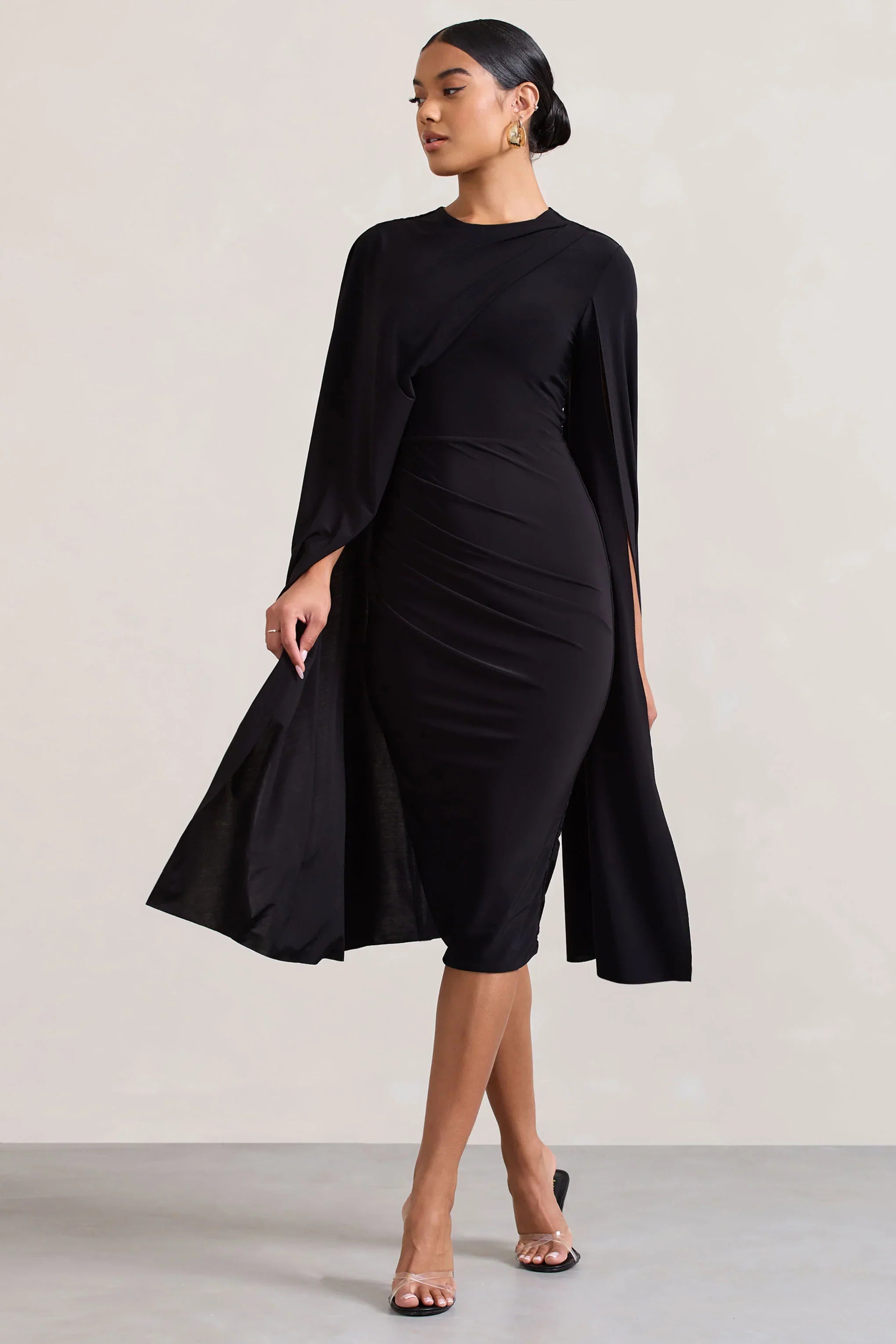 Marysol Black Asymmetric Cape Midi Dress