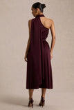 Caluna Burgundy Satin Asymmetric Neck Midi Dress With Scarf Detail