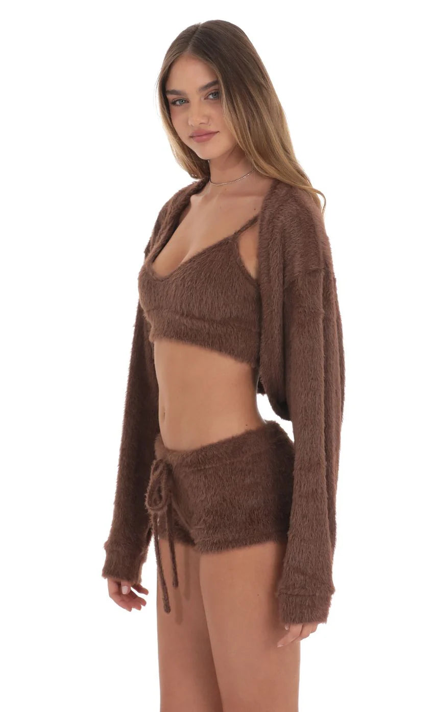 Open Fuzzy Cardigan in Brown