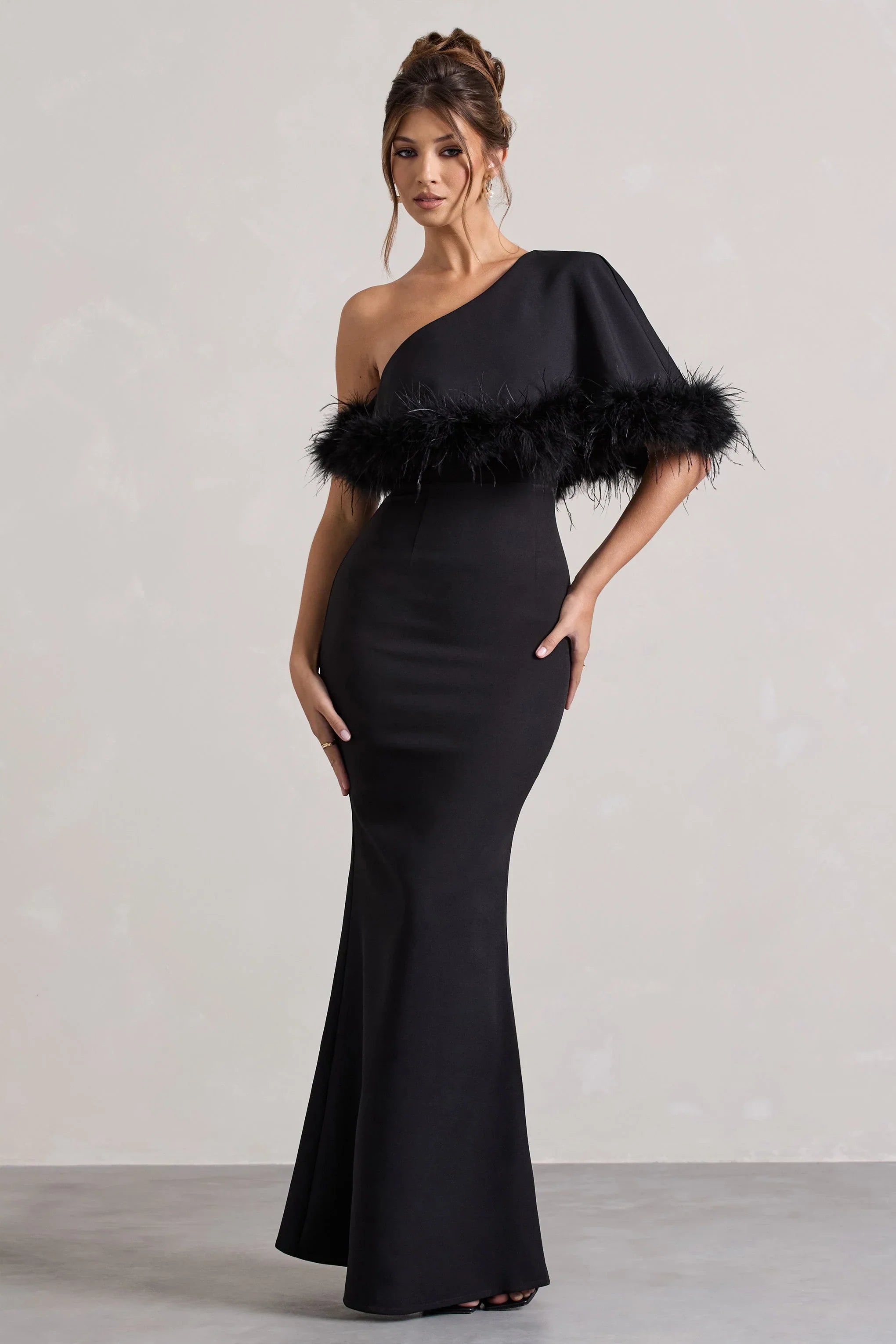 Valor Black Asymmetric Maxi Dress With Feather Trim