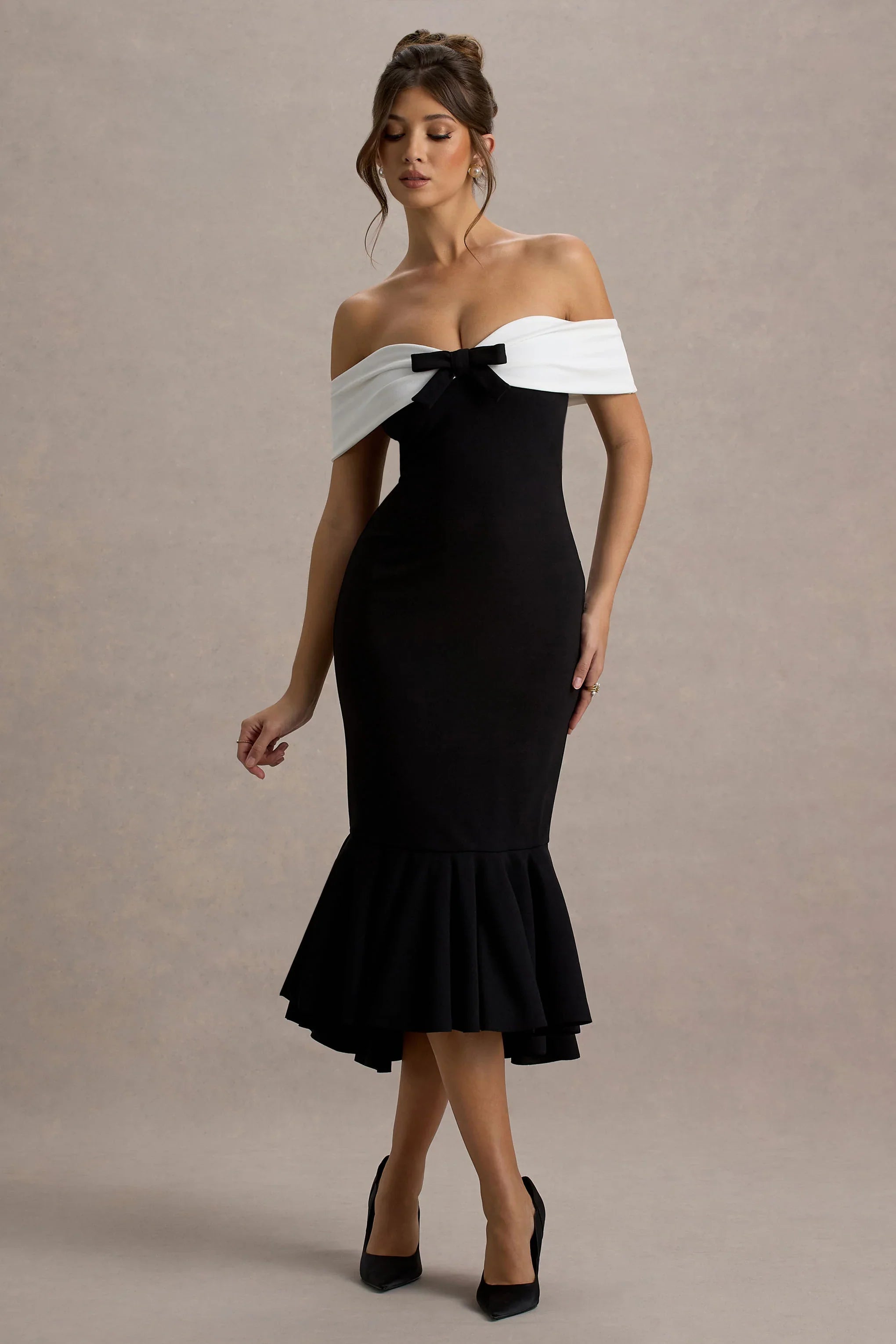 Corola Black White Bardot Volume Hem Midi Dress