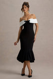Corola Black White Bardot Volume Hem Midi Dress