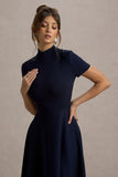 Bellona Navy High Neck High Low Midi Dress
