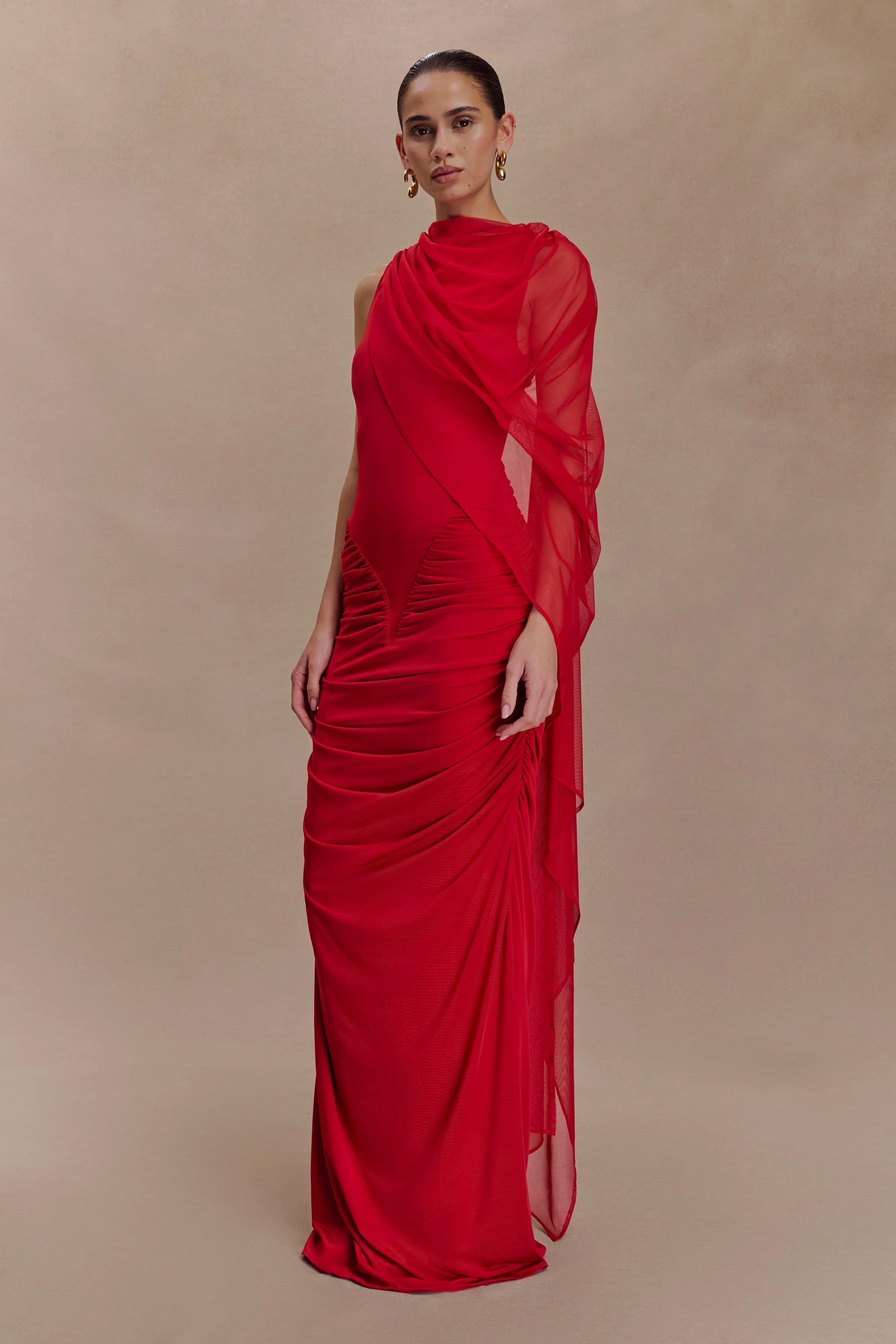 Amandine Ruched Slinky Maxi Dress Ruby